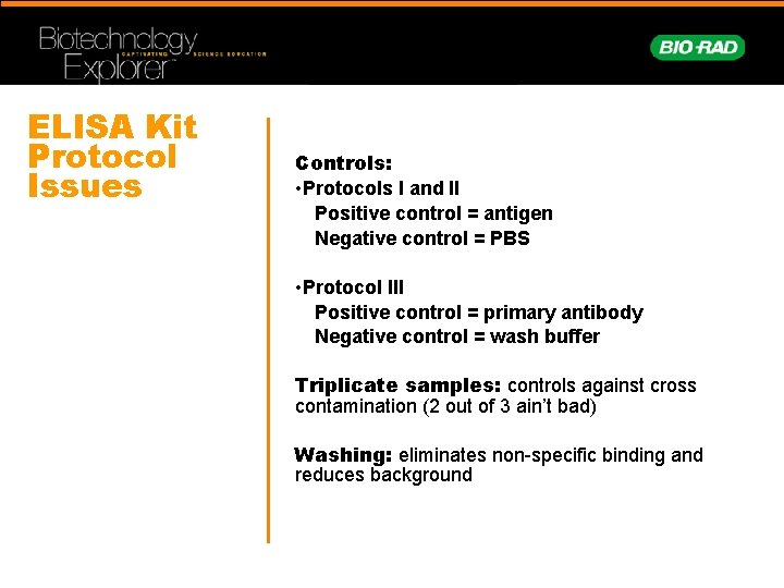 ELISA Kit Protocol Issues Controls: • Protocols I and II Positive control = antigen
