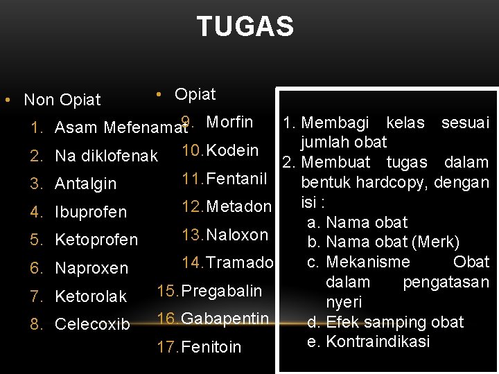 TUGAS • Non Opiat • Opiat 1. Asam Mefenamat 9. Morfin 2. Na diklofenak