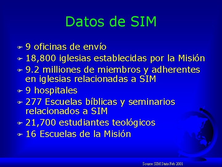 Datos de SIM 9 oficinas de envío F 18, 800 iglesias establecidas por la