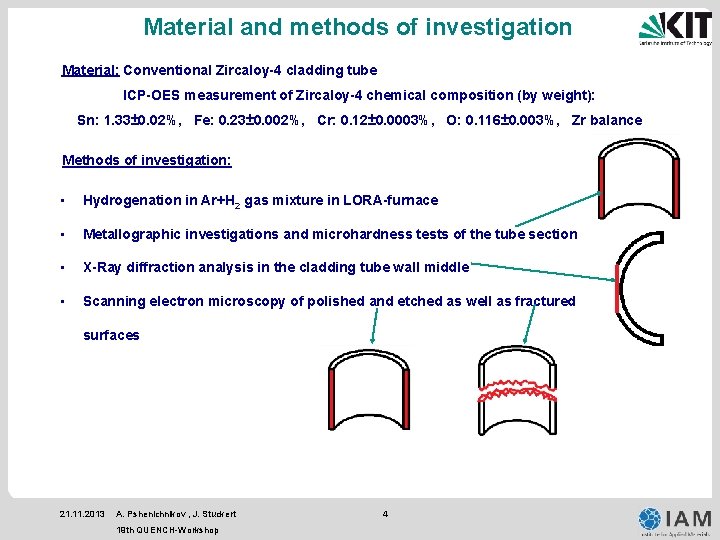 Material and methods of investigation Material: Conventional Zircaloy-4 cladding tube ICP-OES measurement of Zircaloy-4