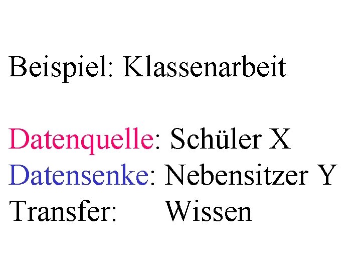 Beispiel: Klassenarbeit Datenquelle: Schüler X Datensenke: Nebensitzer Y Transfer: Wissen 