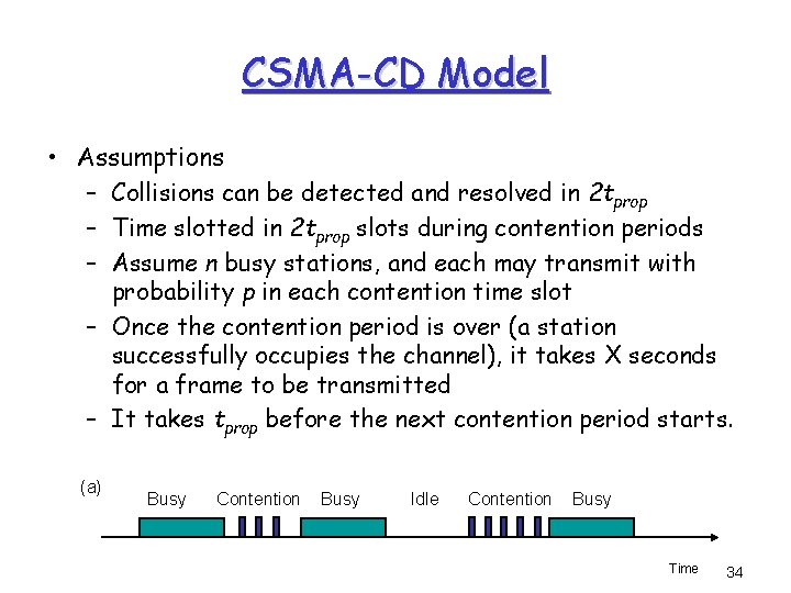 CSMA-CD Model • Assumptions – Collisions can be detected and resolved in 2 tprop