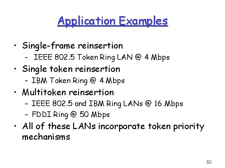 Application Examples • Single-frame reinsertion – IEEE 802. 5 Token Ring LAN @ 4