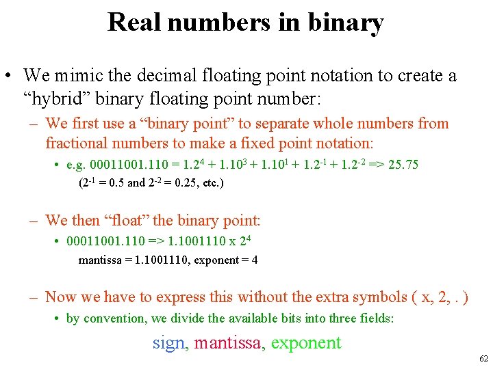 Real numbers in binary • We mimic the decimal floating point notation to create