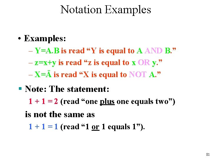 Notation Examples • Examples: – Y=A. B is read “Y is equal to A