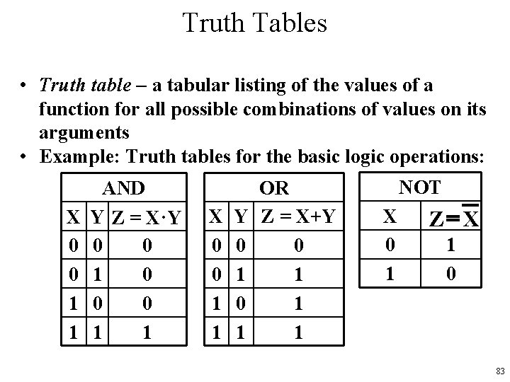 Truth Tables • Truth table - a tabular listing of the values of a