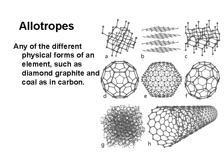 Allotropes Any of the different physical forms of an element, such as diamond graphite