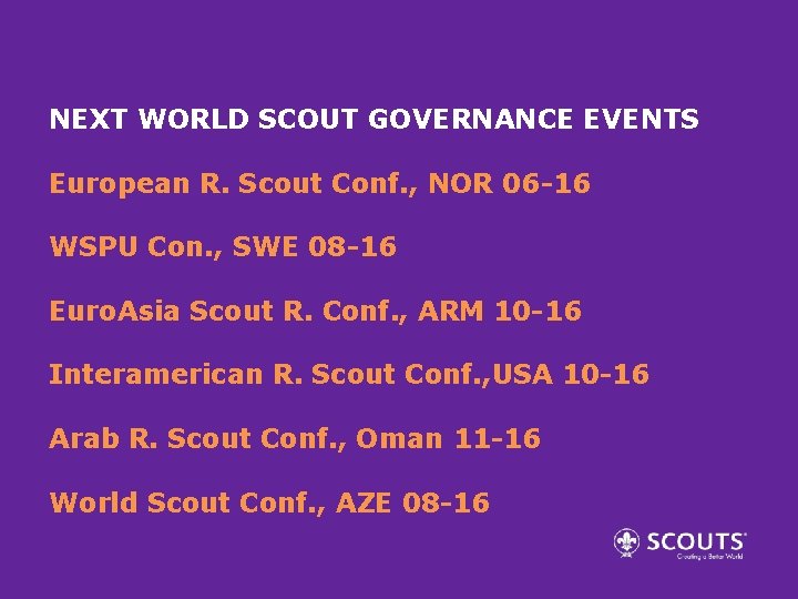 NEXT WORLD SCOUT GOVERNANCE EVENTS European R. Scout Conf. , NOR 06 -16 WSPU