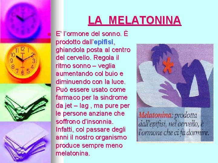 LA MELATONINA n E’ l’ormone del sonno. È prodotto dall’epifisi, ghiandola posta al centro