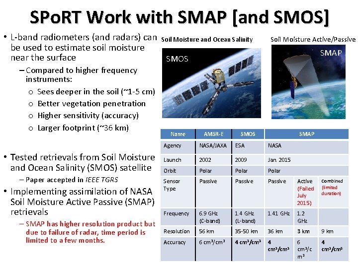 SPo. RT Work with SMAP [and SMOS] • L-band radiometers (and radars) can Soil