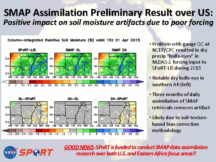 SMAP Assimilation Preliminary Result over US: Positive impact on soil moisture artifacts due to