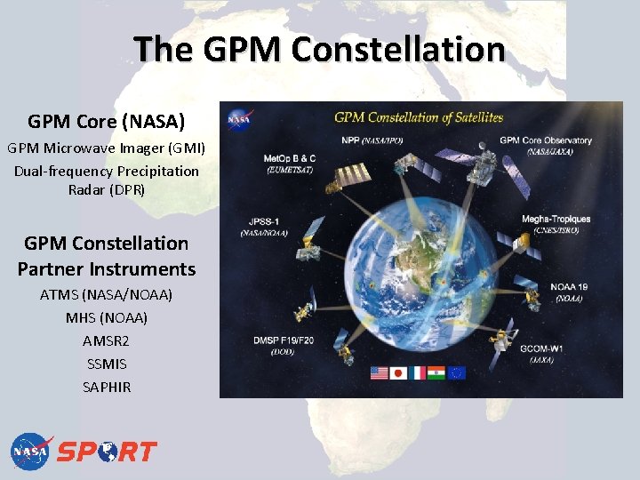 The GPM Constellation GPM Core (NASA) GPM Microwave Imager (GMI) Dual-frequency Precipitation Radar (DPR)