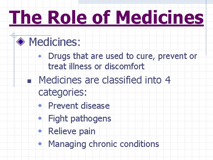 The Role of Medicines: w Drugs that are used to cure, prevent or treat