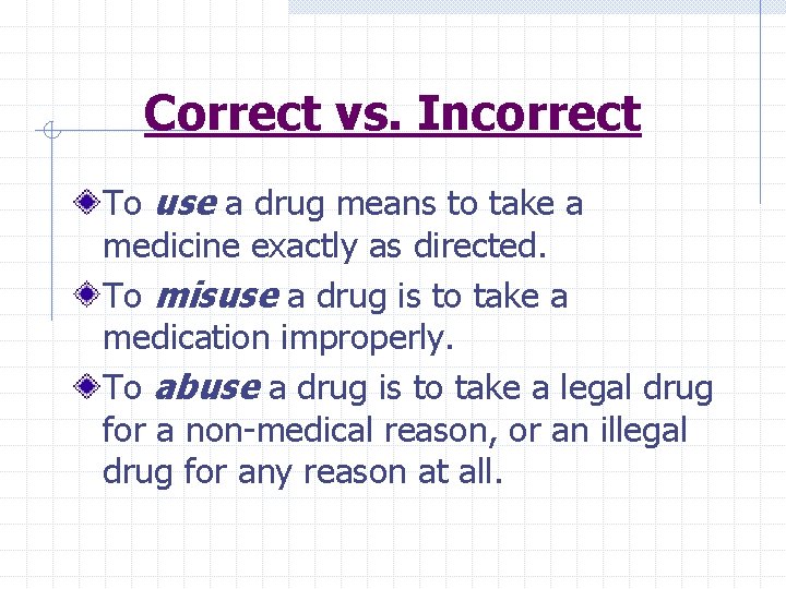 Correct vs. Incorrect To use a drug means to take a medicine exactly as