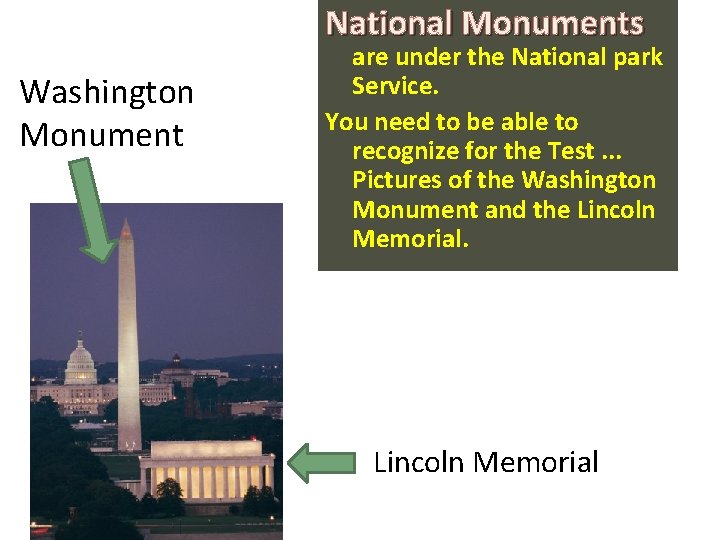 National Monuments Washington Monument are under the National park Service. You need to be