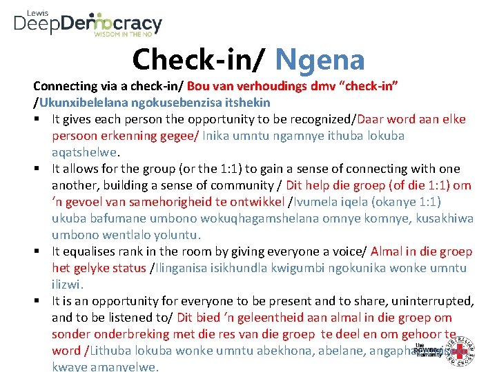 Check-in/ Ngena Connecting via a check-in/ Bou van verhoudings dmv “check-in” /Ukunxibelelana ngokusebenzisa itshekin