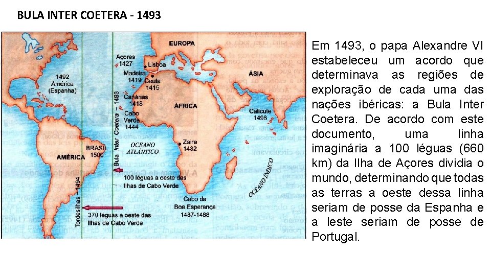 BULA INTER COETERA - 1493 Em 1493, o papa Alexandre VI estabeleceu um acordo