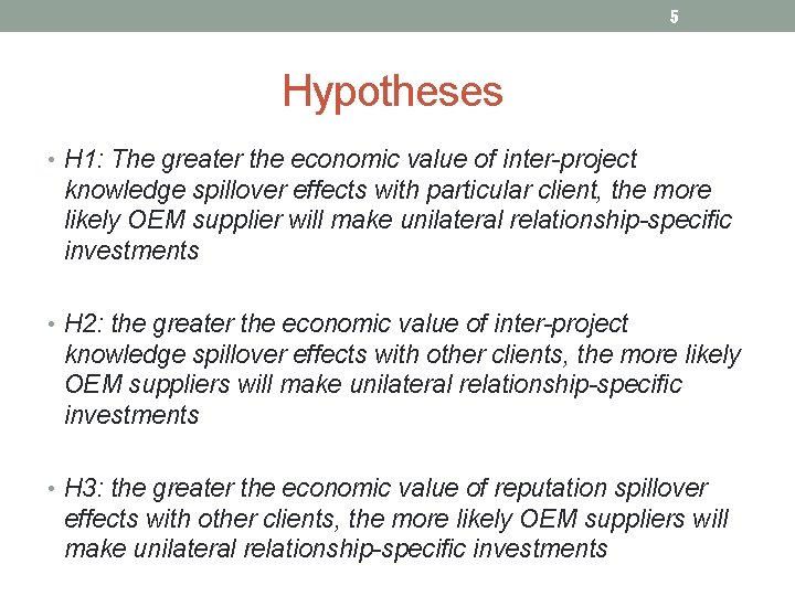 5 Hypotheses • H 1: The greater the economic value of inter-project knowledge spillover