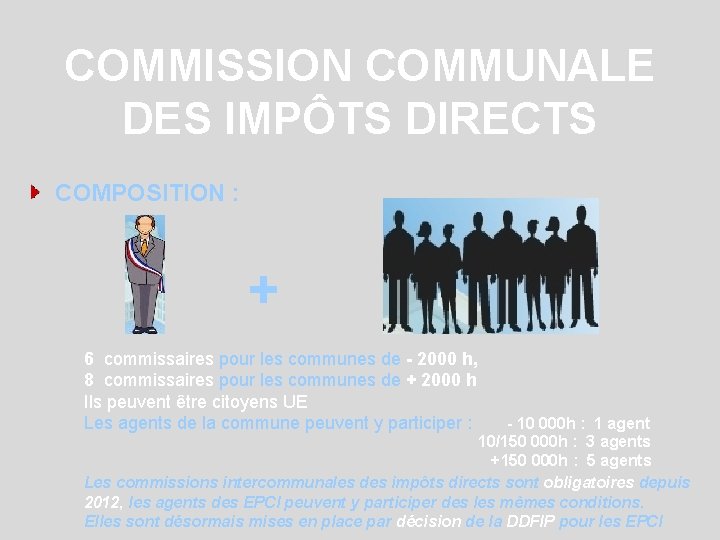 COMMISSION COMMUNALE DES IMPÔTS DIRECTS COMPOSITION : + 6 commissaires pour les communes de