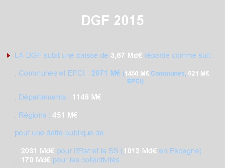 DGF 2015 LA DGF subit une baisse de 3, 67 Md€ répartie comme suit