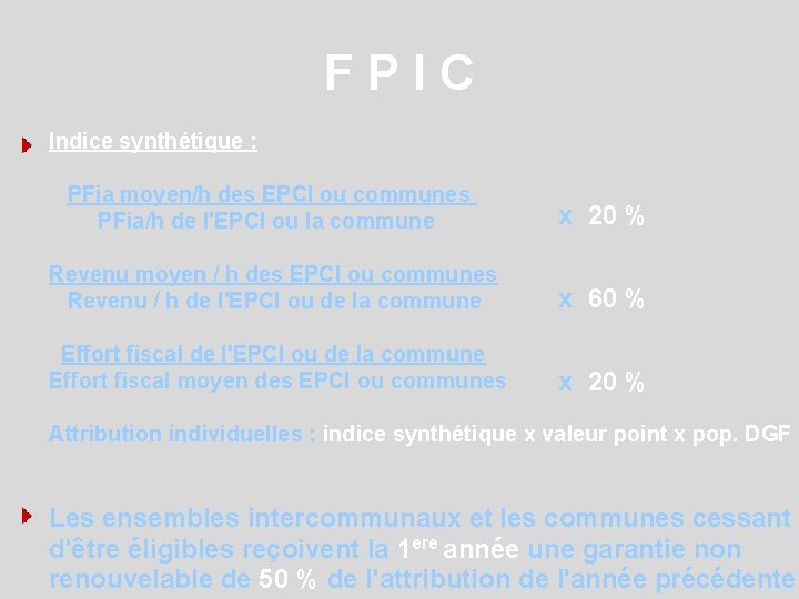 FPIC Indice synthétique : PFia moyen/h des EPCI ou communes PFia/h de l'EPCI ou