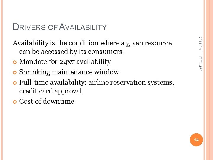 DRIVERS OF AVAILABILITY 2011 Fall ITEC 450 Availability is the condition where a given