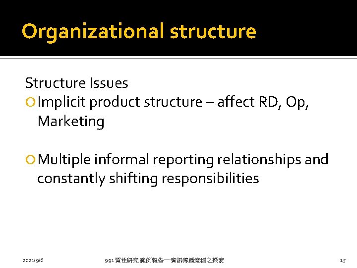 Organizational structure Structure Issues Implicit product structure – affect RD, Op, Marketing Multiple informal