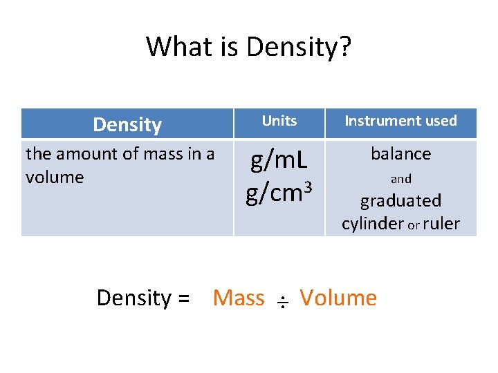 What is Density? Density the amount of mass in a volume Units Instrument used