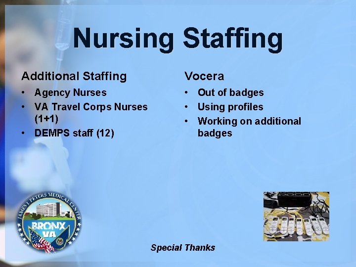 Nursing Staffing Additional Staffing Vocera • Agency Nurses • VA Travel Corps Nurses (1+1)