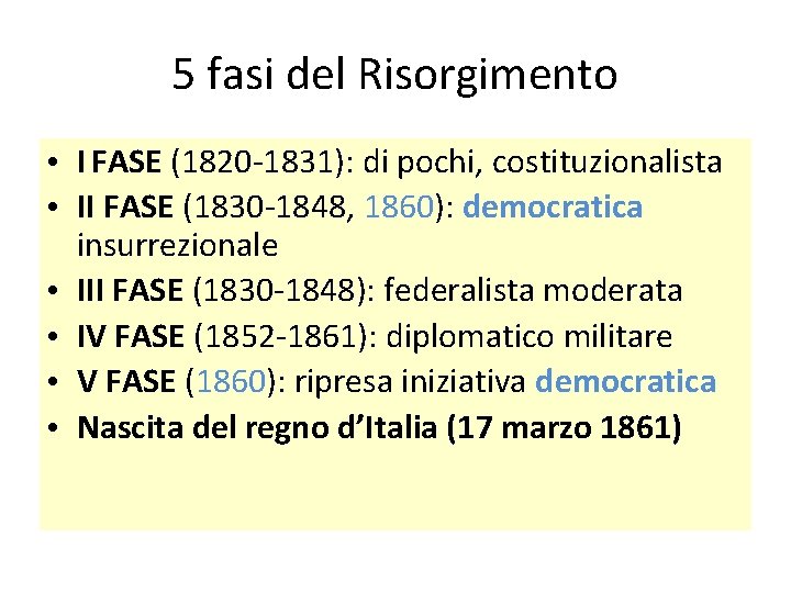 5 fasi del Risorgimento • I FASE (1820 -1831): di pochi, costituzionalista • II