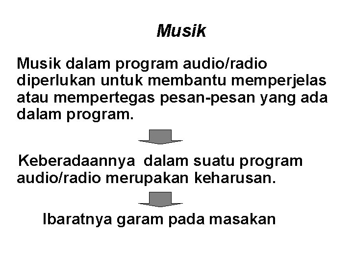 Musik dalam program audio/radio diperlukan untuk membantu memperjelas atau mempertegas pesan-pesan yang ada dalam