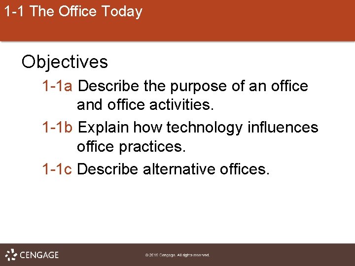 1 -1 The Office Today Objectives 1 -1 a Describe the purpose of an