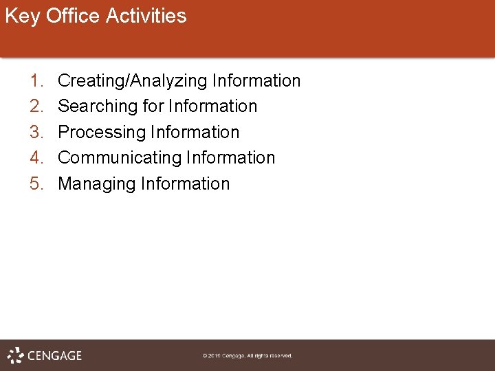 Key Office Activities 1. 2. 3. 4. 5. Creating/Analyzing Information Searching for Information Processing