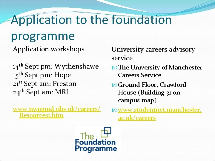 Application to the foundation programme Application workshops 14 th Sept pm: Wythenshawe 15 th