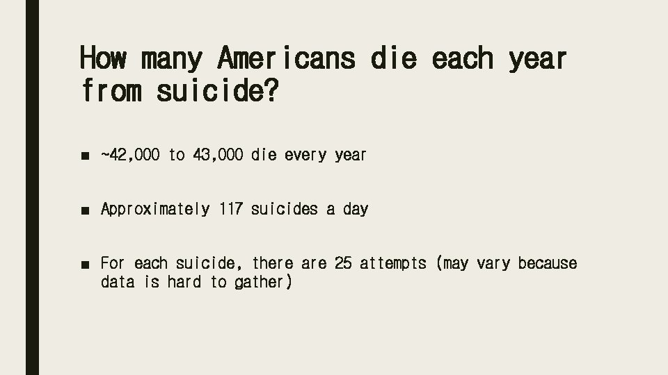 How many Americans die each year from suicide? ■ ~42, 000 to 43, 000