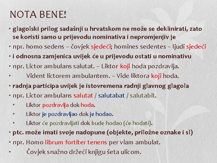 NOTA BENE! • glagolski prilog sadašnji u hrvatskom ne može se deklinirati, zato se