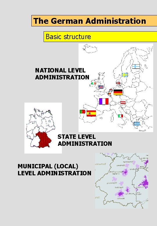 The German Administration Basic structure NATIONAL LEVEL ADMINISTRATION STATE LEVEL ADMINISTRATION MUNICIPAL (LOCAL) LEVEL