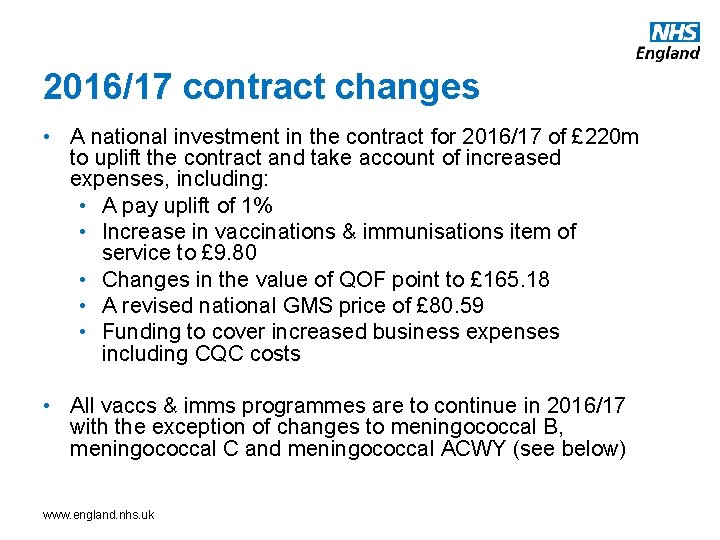 2016/17 contract changes • A national investment in the contract for 2016/17 of £