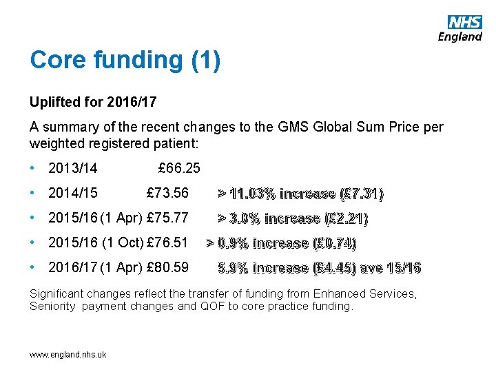 Core funding (1) Uplifted for 2016/17 A summary of the recent changes to the