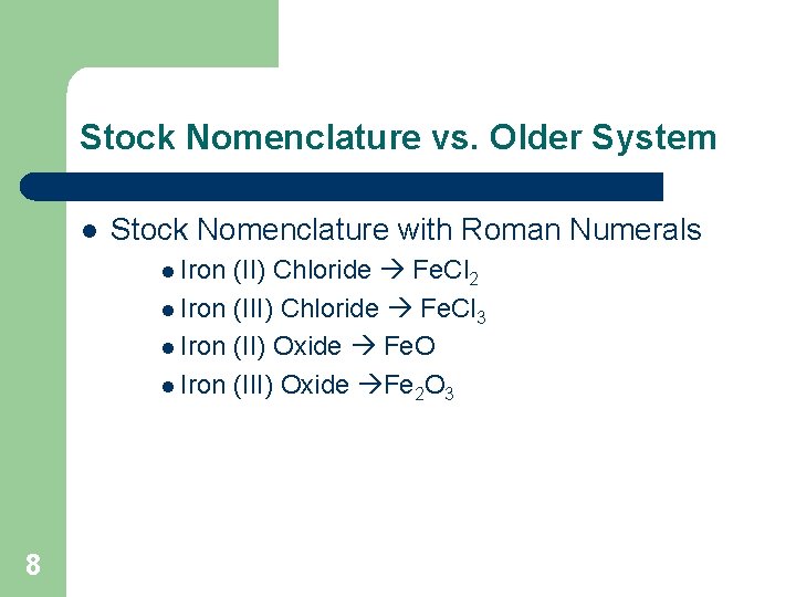 Stock Nomenclature vs. Older System l Stock Nomenclature with Roman Numerals l Iron (II) Stock Nomenclature vs. Older System l Stock Nomenclature with Roman Numerals l Iron (II)