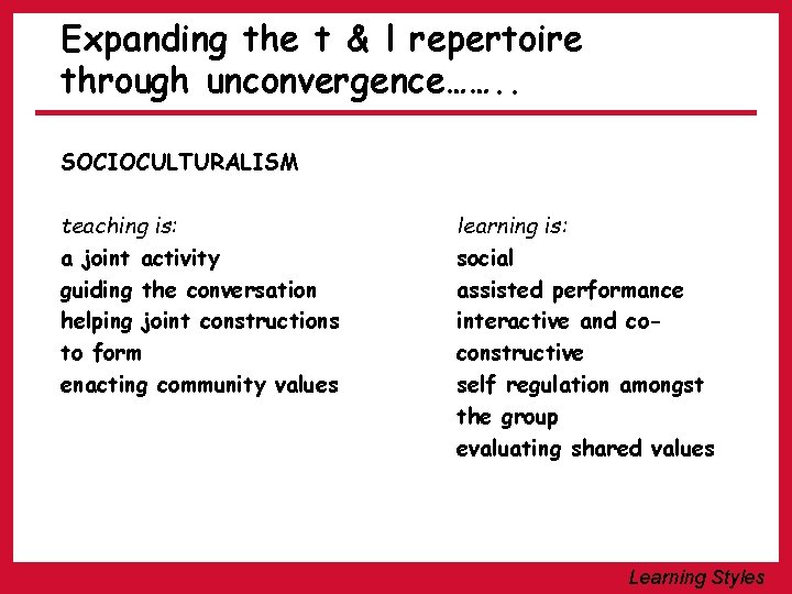 Expanding the t & l repertoire through unconvergence……. . SOCIOCULTURALISM teaching is: a joint