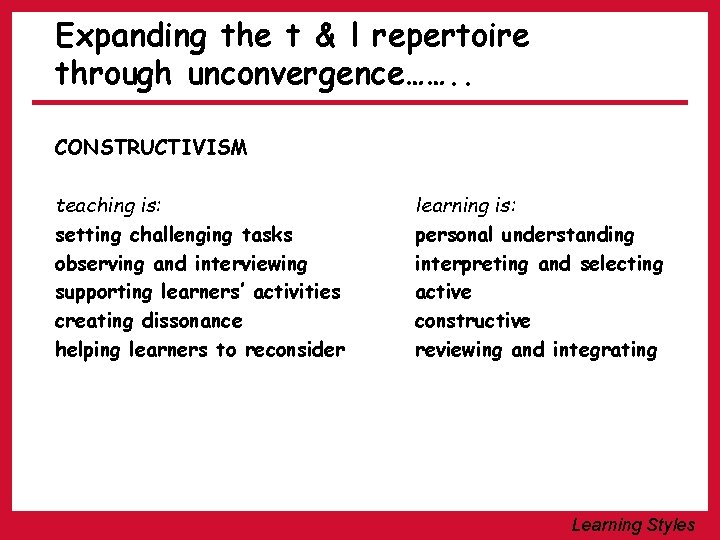 Expanding the t & l repertoire through unconvergence……. . CONSTRUCTIVISM teaching is: setting challenging