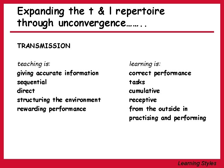 Expanding the t & l repertoire through unconvergence……. . TRANSMISSION teaching is: giving accurate