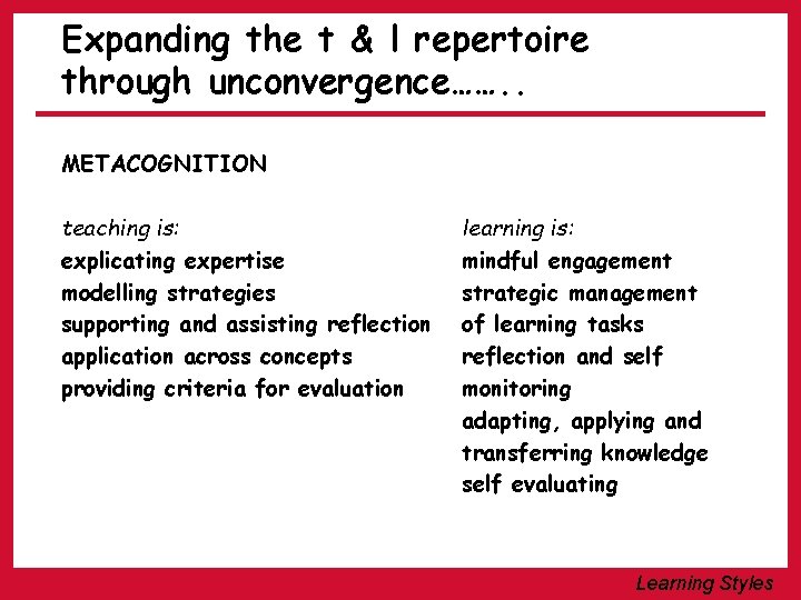 Expanding the t & l repertoire through unconvergence……. . METACOGNITION teaching is: explicating expertise