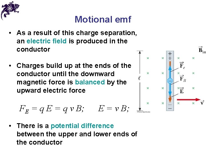 Motional emf • As a result of this charge separation, an electric field is