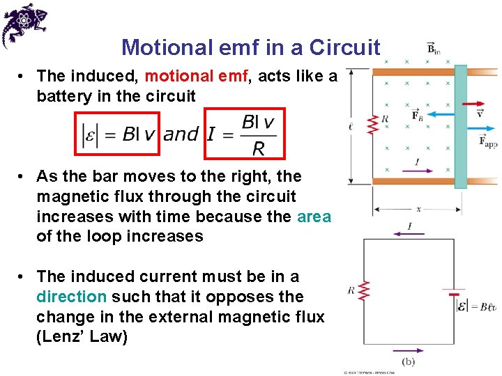 Motional emf in a Circuit • The induced, motional emf, acts like a battery