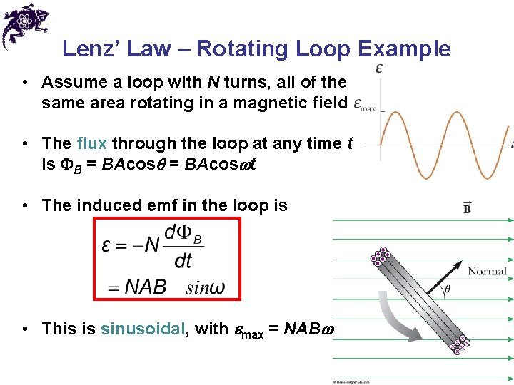 Lenz’ Law – Rotating Loop Example • Assume a loop with N turns, all