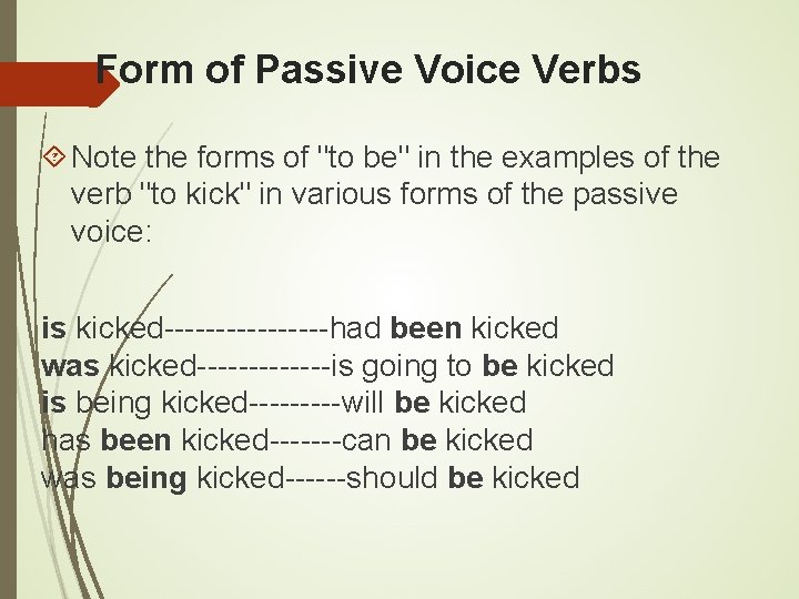 Form of Passive Voice Verbs Note the forms of "to be" in the examples