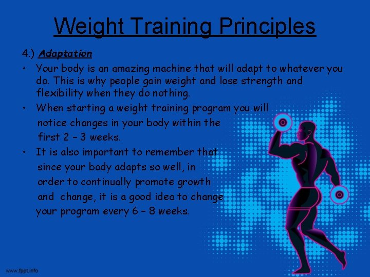 Weight Training Principles 4. ) Adaptation • Your body is an amazing machine that