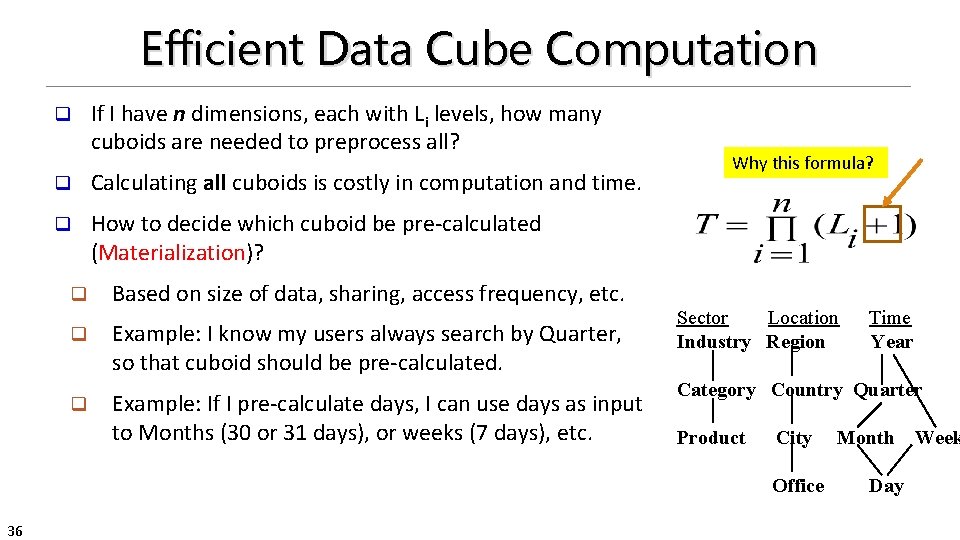 Efficient Data Cube Computation q If I have n dimensions, each with Li levels,